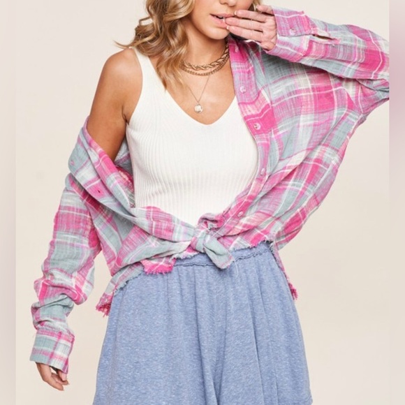 Pink Button Down Plaid Shirt - Picture 3 of 11